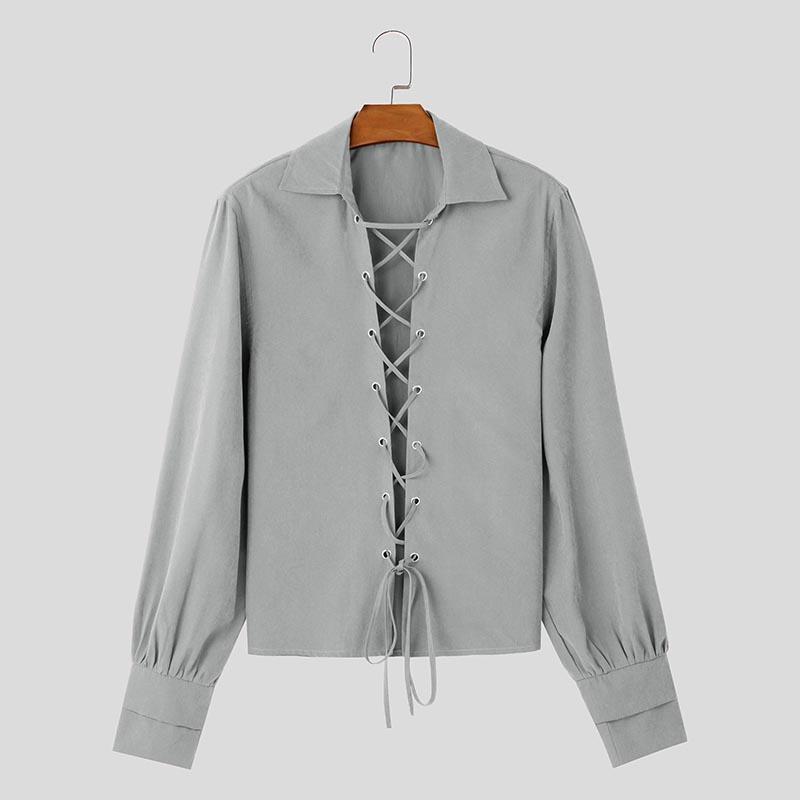 

INCERUN Мужские рубашки с отворотом и длинным рукавом, повседневные однотонные топы с открытыми плечами 2XL светло-серый