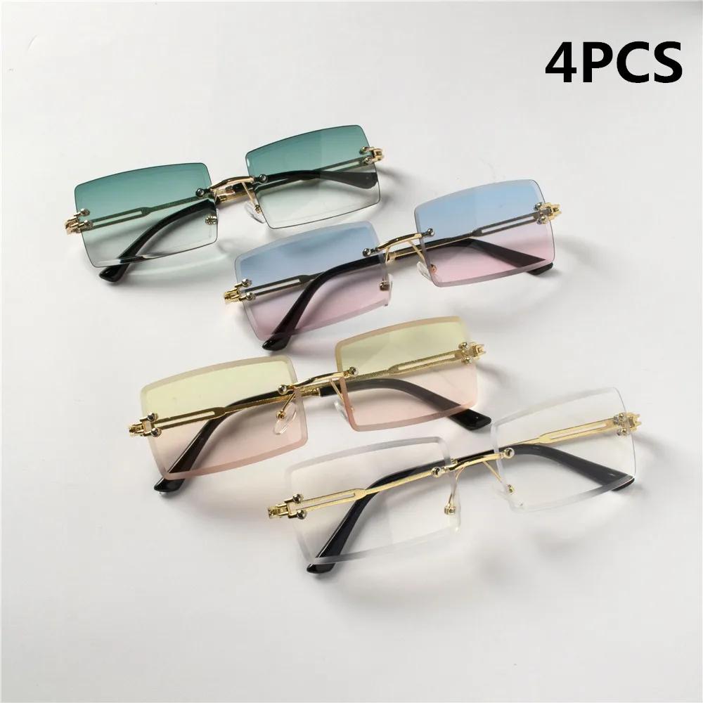 4PCS Fashion Rimless Sunglasses Women Trendy Small Rectangle Sun Glasses  Summer Traveling Style Brown Shades for Men