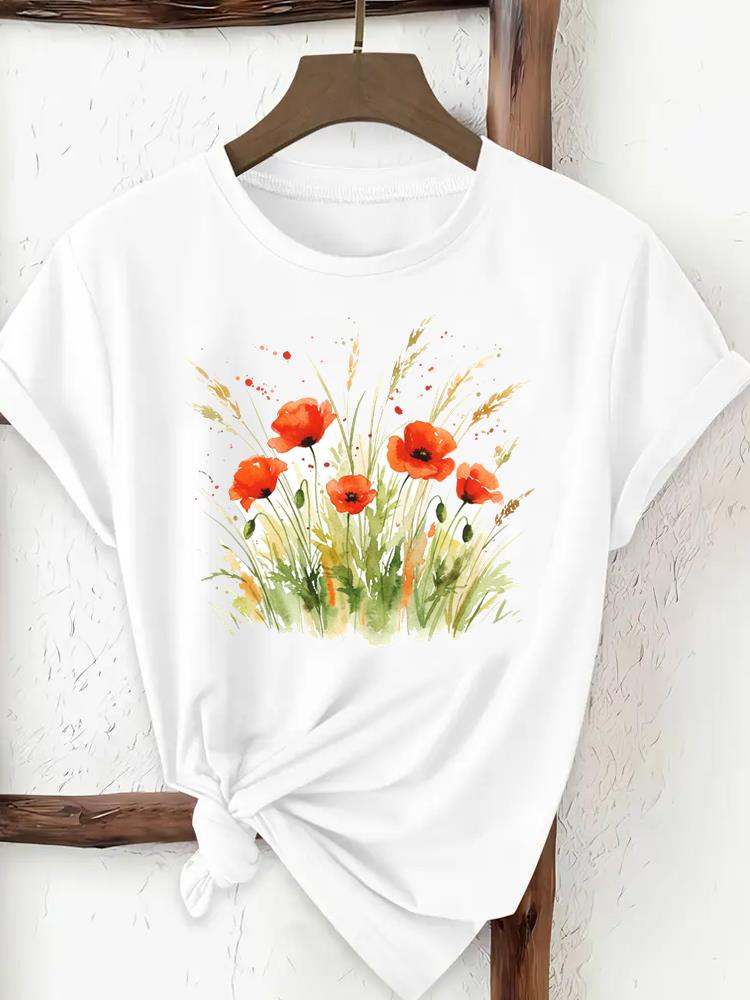 Sweet Flower 90s Print Trend Ladies Popular Casual Round Neck Women Fashion Graphic Short Sleeve T-shirts Fashion Clothing