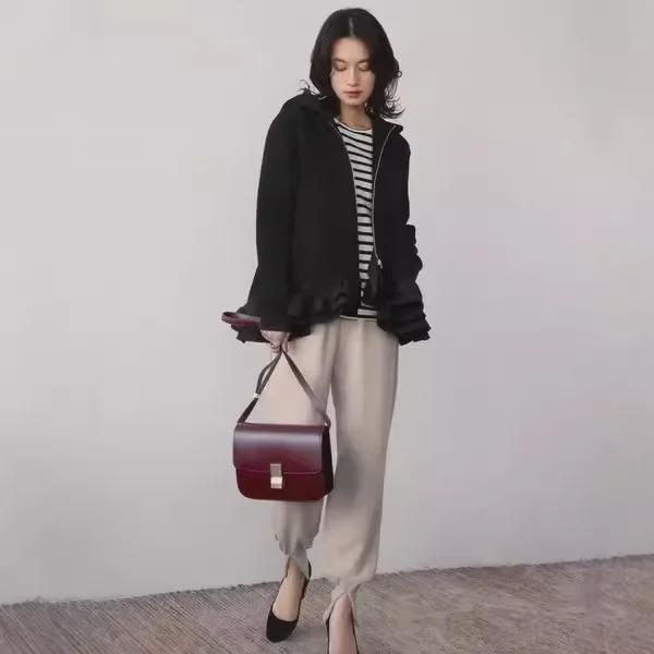 In-Stock 2024 Japanese Autumn/Winter Lotus Leaf Hem Zipper Sweatshirt