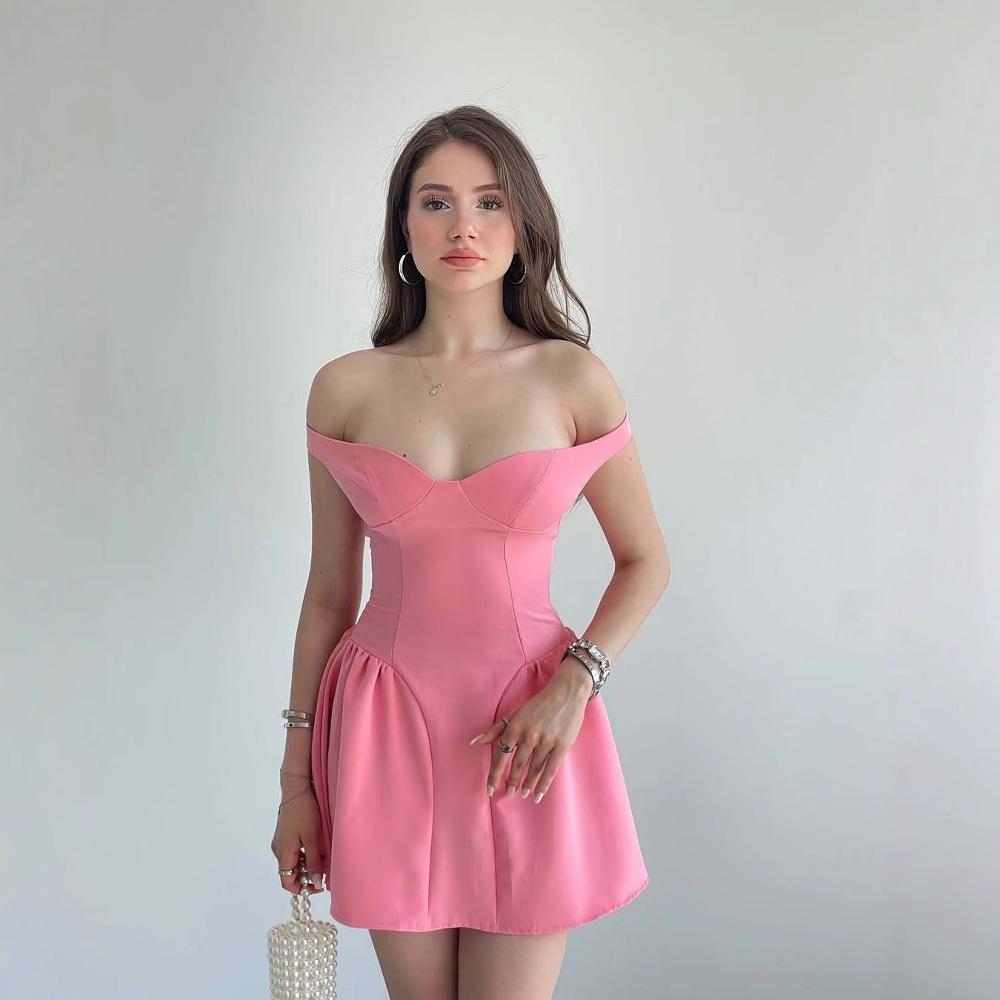 2025 Summer European & American Women's One-Shoulder Sexy Waist-Cinching Solid Color Dress