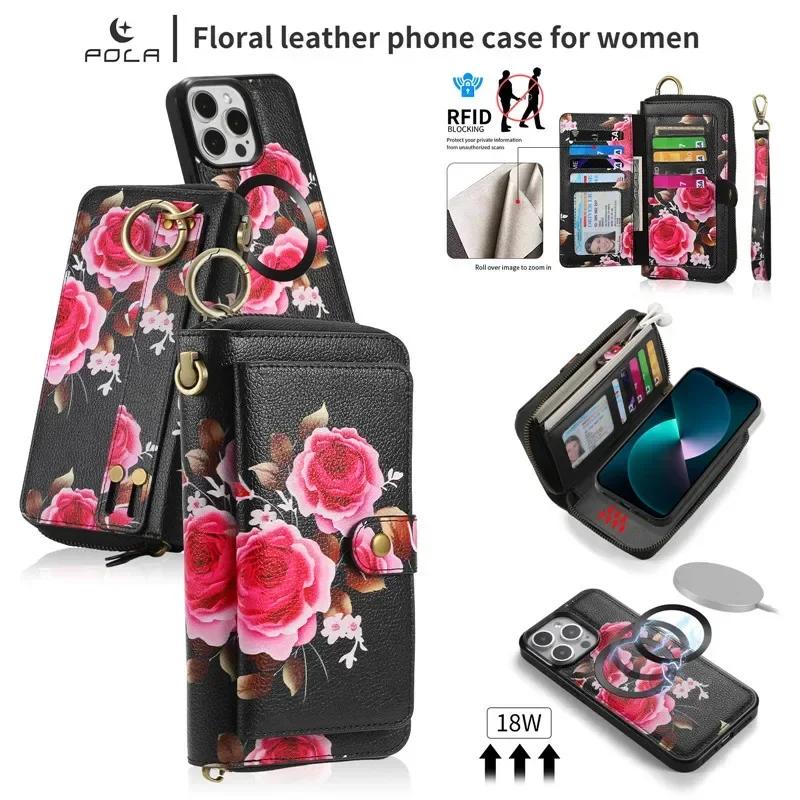 Magnetic Lanyard Leather Zipper Wallet Card Phone Case for iPhone 17 Air 16 15 Pro Max 14 Plus 13 12 11 XS XR X Flip Stand Cover