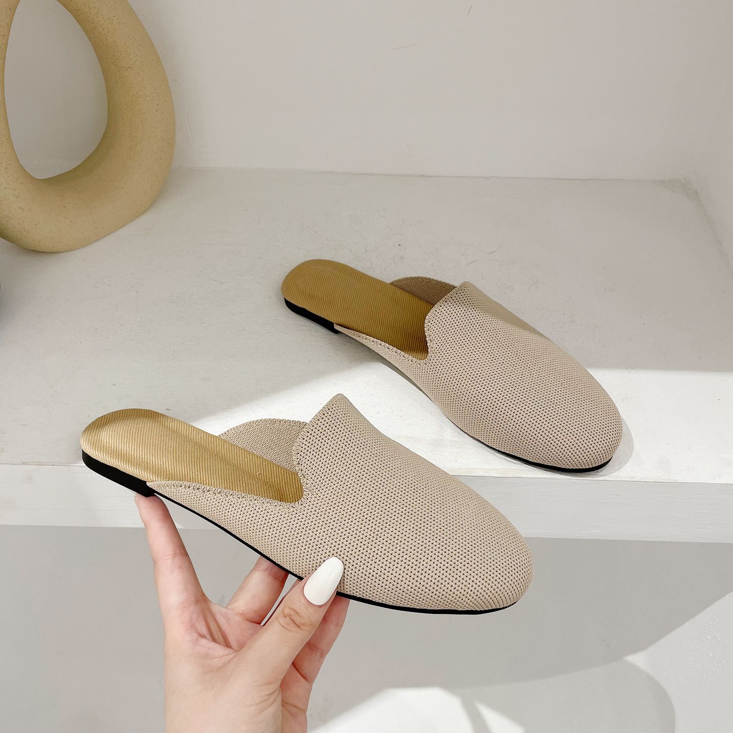 

Весенние и летние полутапочки, плетеные сандалии и тапочки, туфли на плоской подошве с круглым носком, женская обувь больших размеров 36 абрикосовый