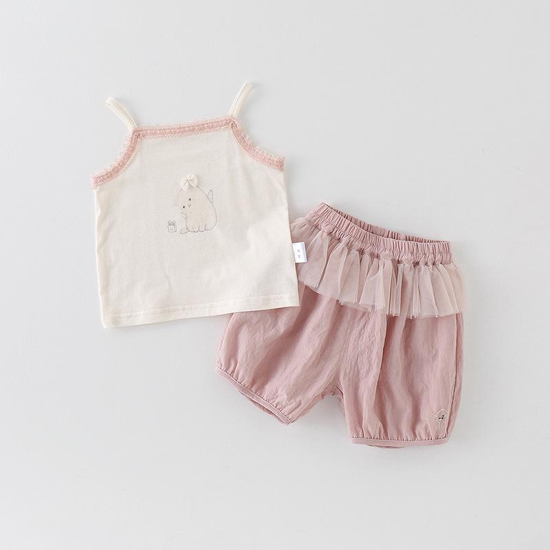 Korean Style Floral Print Camisole & Mesh Pants Set - Summer Outfit for Little Girls