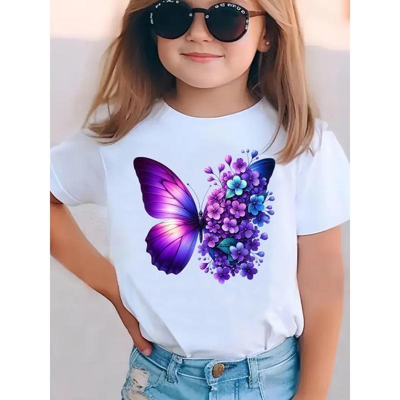 Girls Summer Fashion Short Sleeve T-Shirt Purple and Butterflies Cartoon Print Casual Versatile