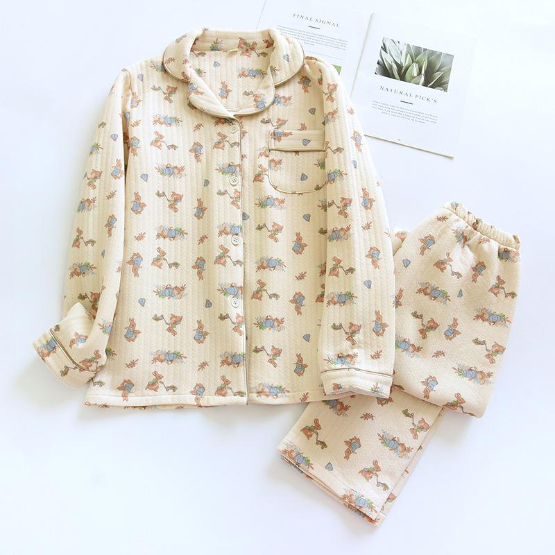 Autumn/Winter New Women's Pajamas Two Piece Set Made of Pure Cotton Thickened Warm Long Sleeve Home Furnishing Set