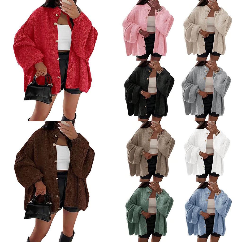 Autumn/Winter Solid Color Knit Button Cardigan with Large Sleeves - Casual Style