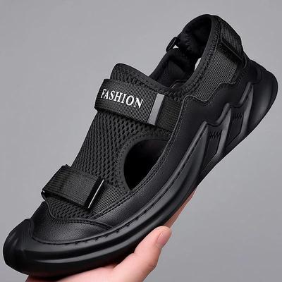 Men's Sandals Summer Leather Breathable Mesh Sandals Outdoor Casual Portable Walking Shoes Non-slip Comfortable Black Beach Shoe