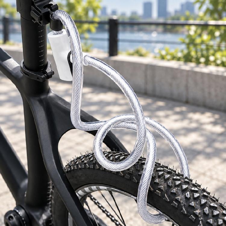 Flexible Coiled Cable Lock for Bikes with Integrated Key Lock Body and PVC-Sleeved Steel Line for Routine Parking