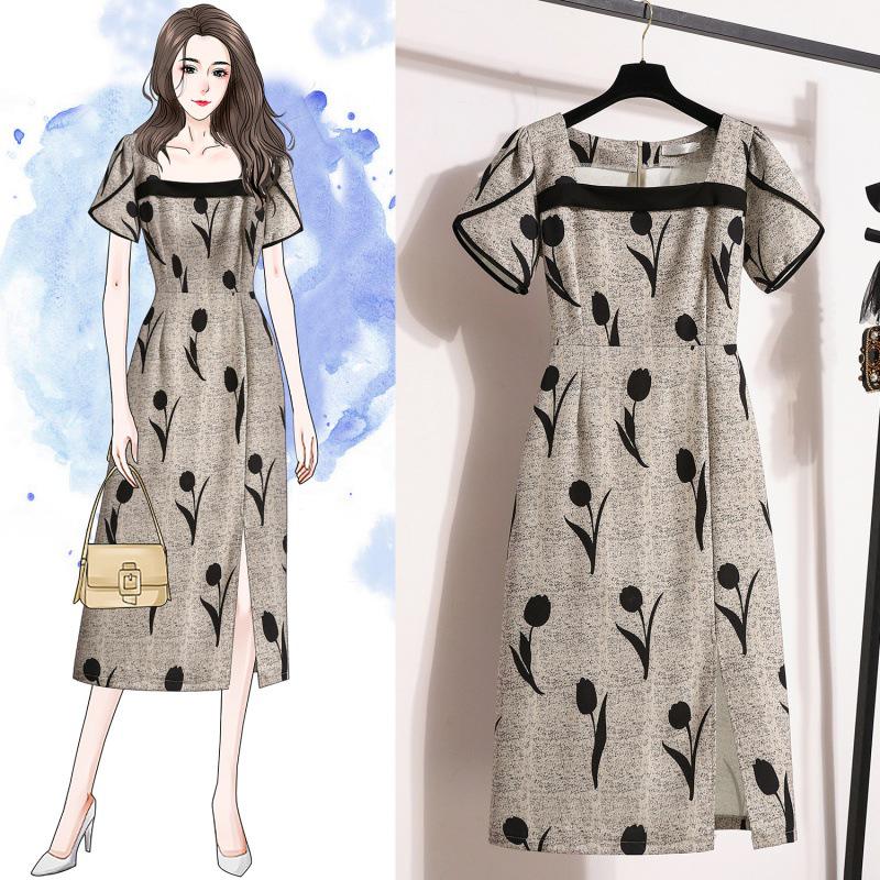 

Платье размера плюс с цветочным принтом, квадратным вырезом, короткими рукавами и разрезом 2024 года L