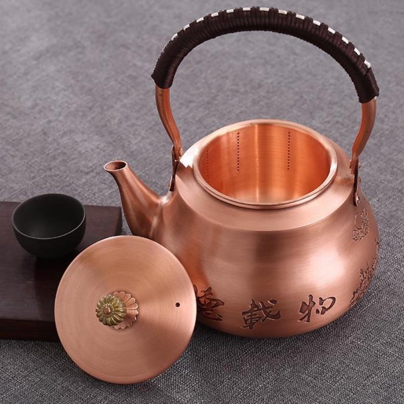 Handcrafted Pure Copper Coffee Pot,Engraving Retro Welcoming Pine Teaware 1300 ml Filter Weave Heat Handheld Kettle,Teapot