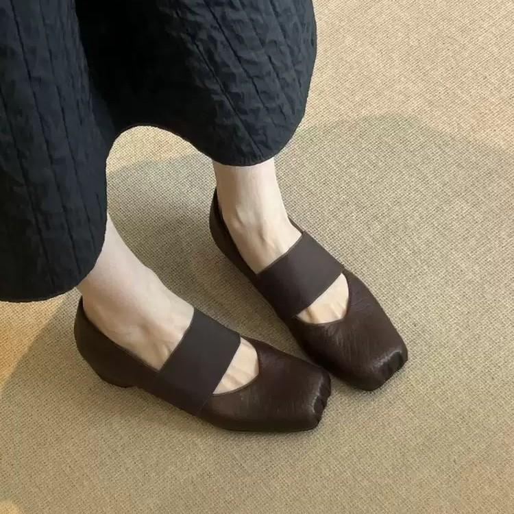Sheepskin version~ Leather square head elastic band Mary Jane shoes women's 2025 new fashionable versatile shallow mouth flat-soled single shoes
