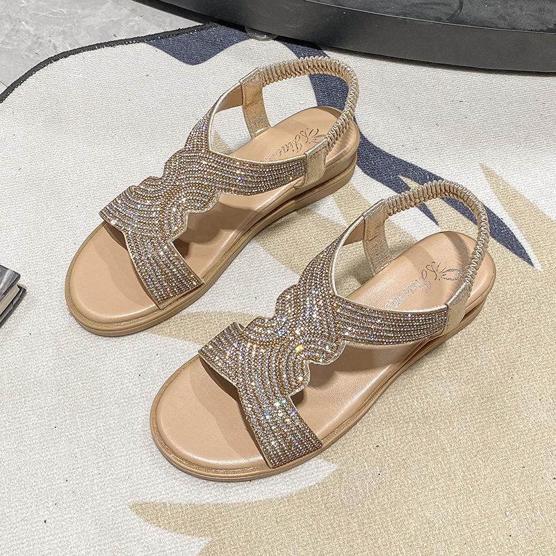 

Сандалии на покатом каблуке, женская сезонная мода, стразы, рыбий рот, римский стиль, женская обувь 35 золотой