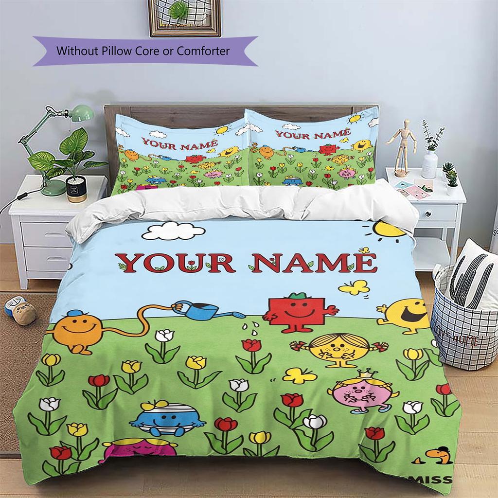 Mr. Men Little Miss Custom Name Pattern Bedding,Quilt Set Quilt Cover Pillowcase Home Birthday Gift(1 * duvet cover + 2 * pillowcase, without core)