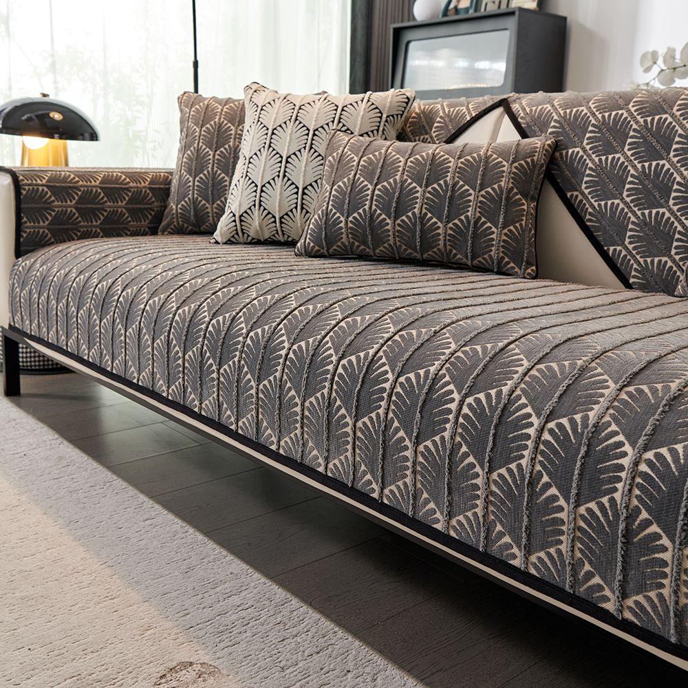 1pc Boho Style Chenille Sofa Cushion, Jacquard Leaf Pattern, Pet Friendly Fits Armchair To Sectional Sofas,Jungle Themed Couch Protector