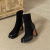 Herbst- und Winter-Retro-Kurzstiefel mit dickem Absatz für Damen, Spleiß-Wasserdicht-Plateau-Elastik-Dünnstiefel, Kurzstiefel mit hohem Absatz