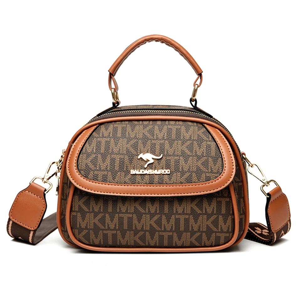 Women's Small Crossbody Tote Bag with  Pattern Two Compartment Handbag Kangaroo Logo Brown and   Designer Shoulder Bag