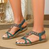 Dunkelgrüne Boho-Chic Damen-Flatsandalen - Handgefertigte Perlendetails, Obermaterial aus Kunstleder & TPR-Sohle, Zehenfreies Design, Knöchelriemen, Freizeitsandalen