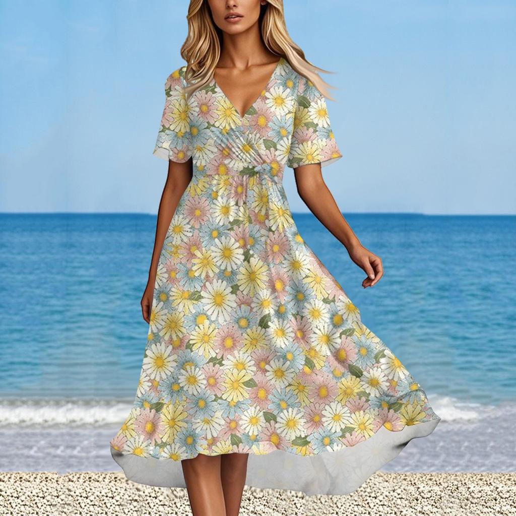 Women's Summer Fashion V-Neck Flared Dress Short Sleeve Floral Dresses