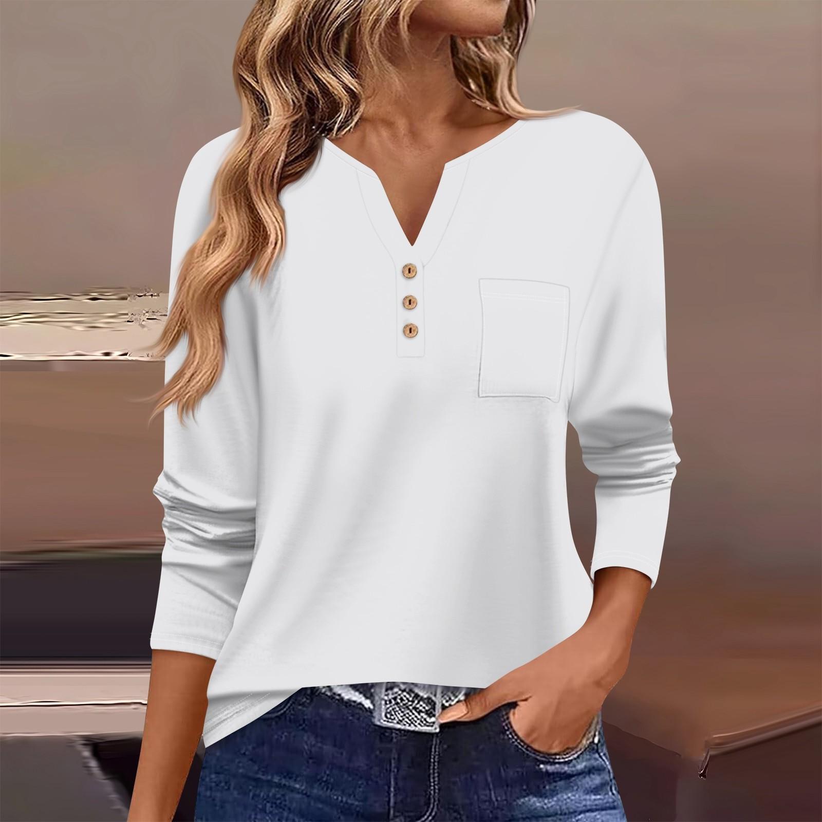 

Женская футболка с длинным рукавом на пуговицах, повседневная, выходного дня, модная, базовая, с V-образным вырезом, обычная, с карманом XL белый