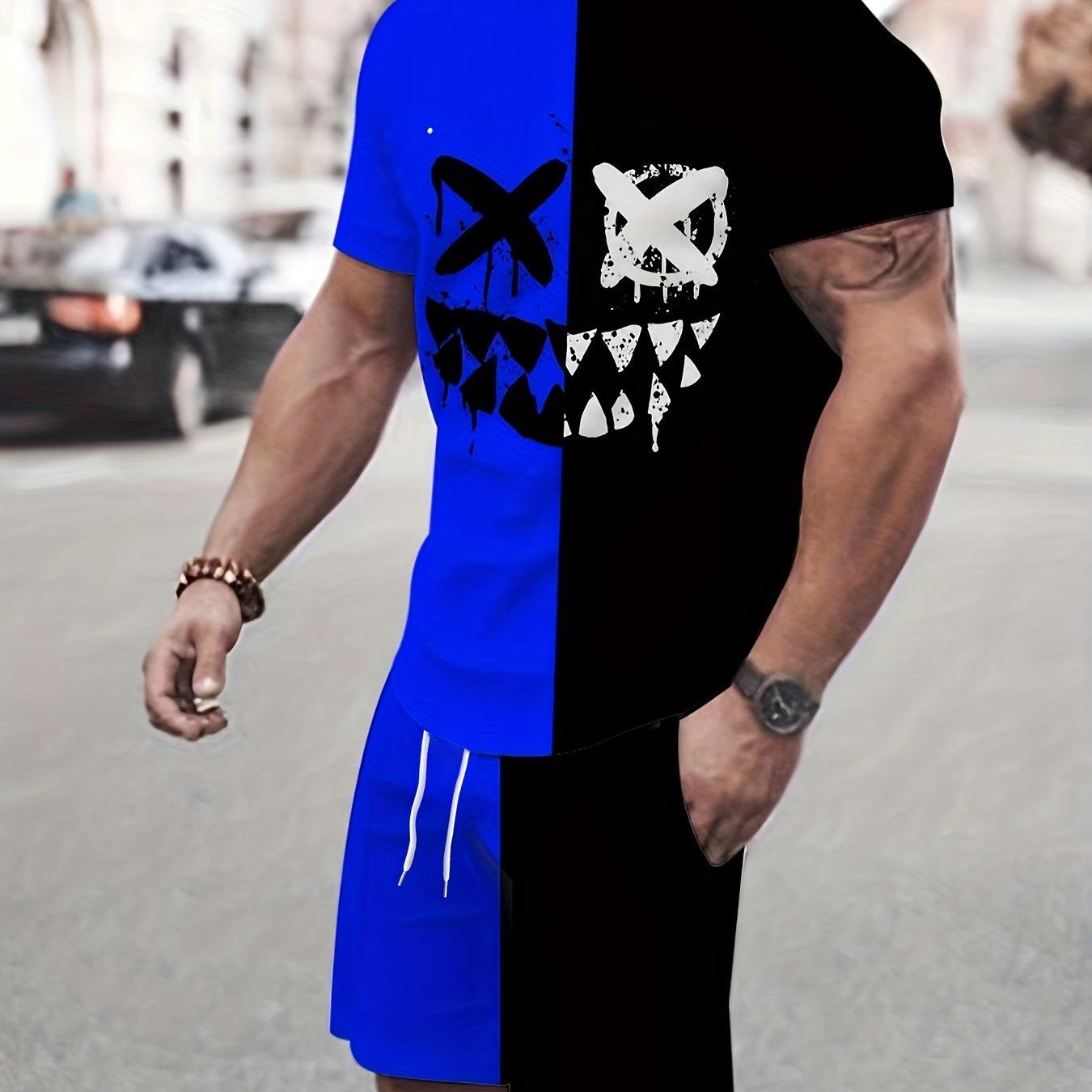 

Модный лук: шикарная мужская одежда из 2 предметов, комплект футболки и шорт с графическим принтом гримасы для больших и высоких мужчин, наряды контрастных цветов, большие размеры 6XL