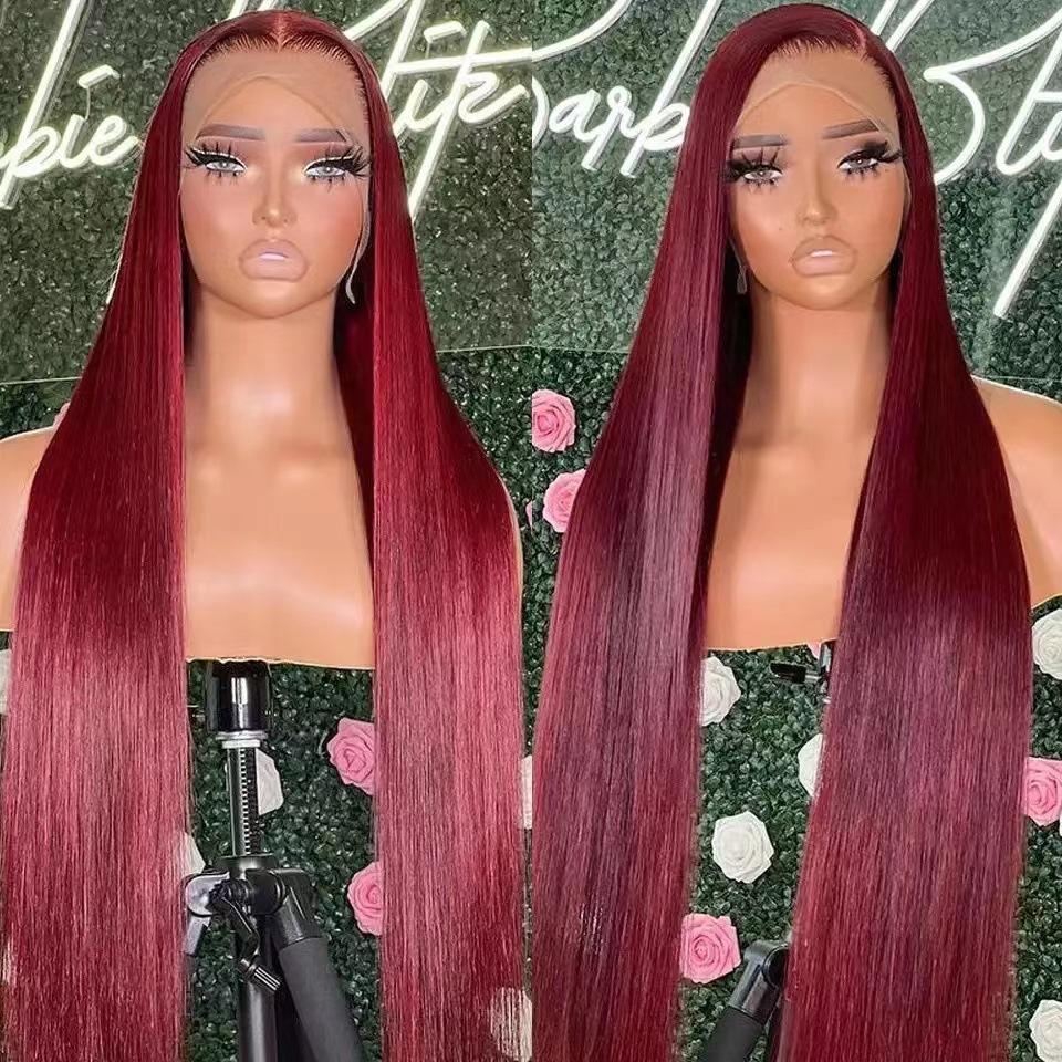 Burgundy Long Straight Hair Wig European American Women's Daily Natural Front Lace Headgear