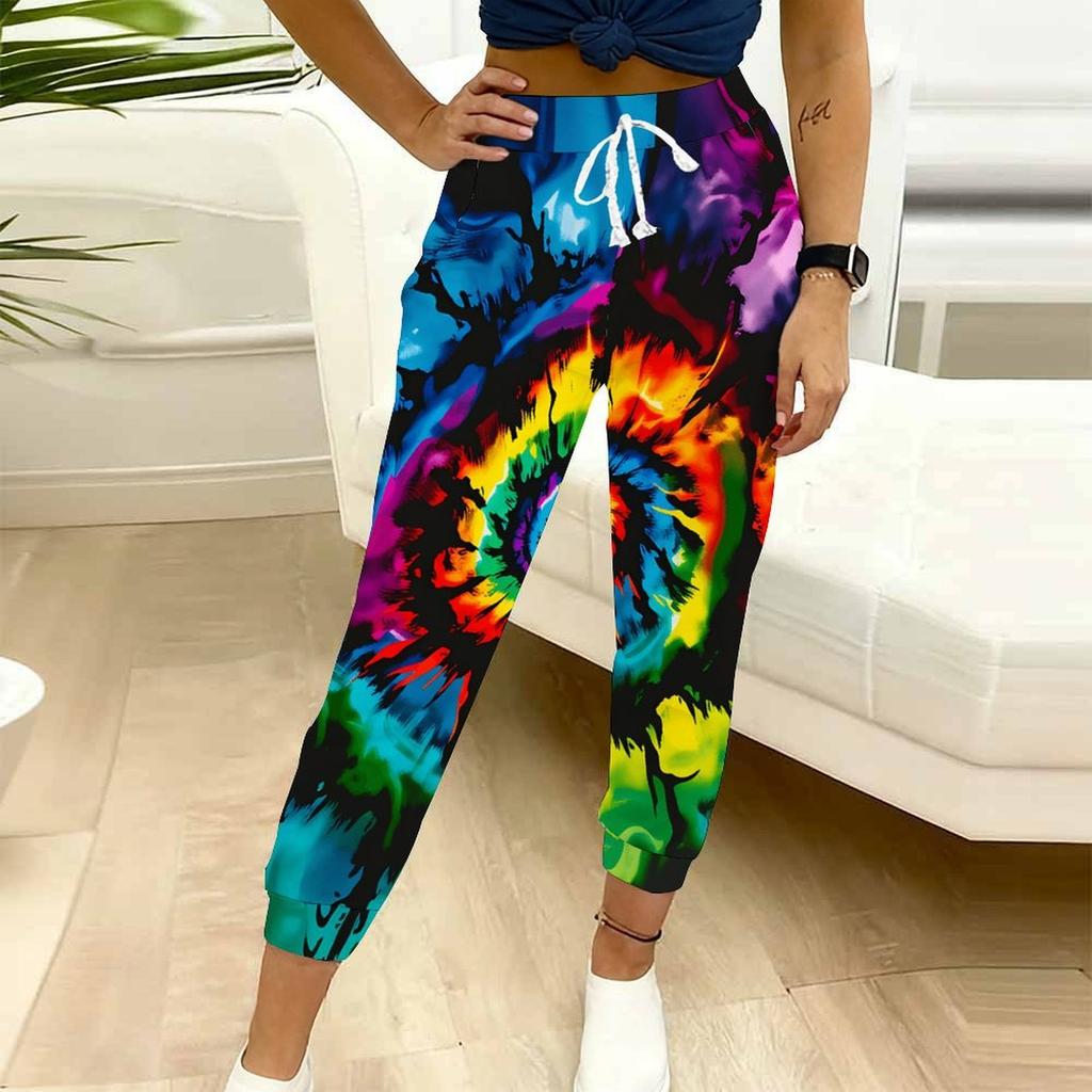 Summer Ladies Color Vortex Tie Dyeing Printed Sweatpants Loose Fit Drawstring Joggers Elastic Cuff Daily Casual Pants