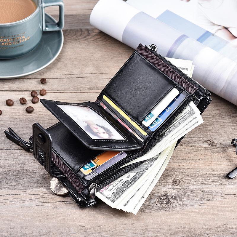 Newest Retro Buckle Men'S Wallet Luxury Brand Pu Leather 3 Fold Card Holder Multifunctional Double Zipper Coin Purse Carteras
