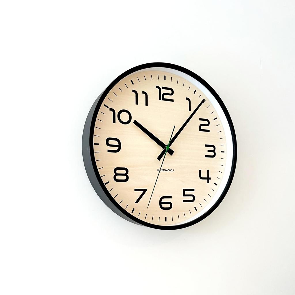 KATOMOKU Plywood Clock 23 Black Wall Clock with Continuous Second Hand Controlled km-145BKRC 304mm (radio Clock)