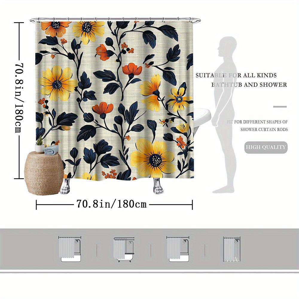 Floral Shower Curtain, Vibrant Yellow & Orange Flowers With Dark Blue Leaves On Beige, Fade-Resistant Polyester,Machine Washable