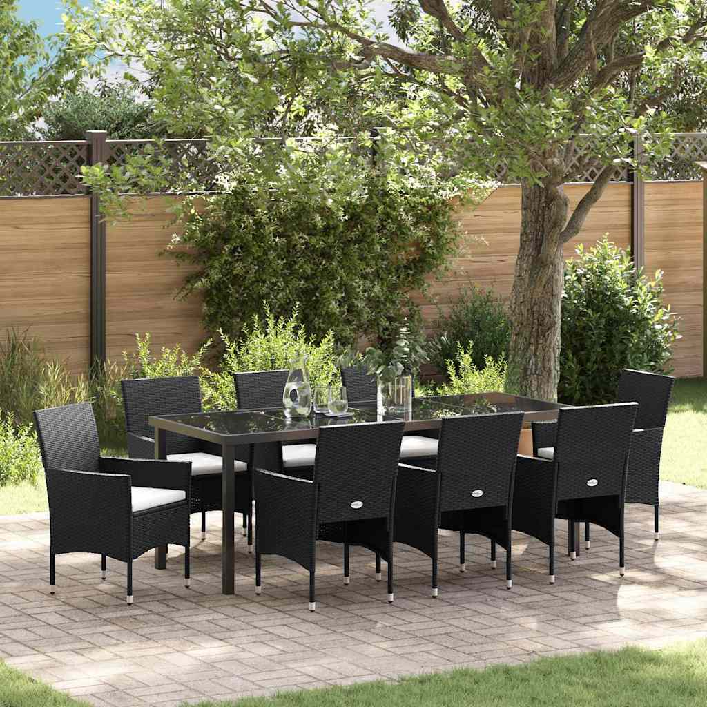 Garden Dining Set with Cushions 9 pcs Black Poly Rattan