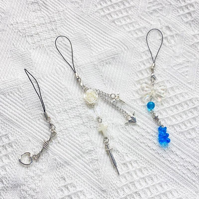 Lovely Rose Bowknot Heart Phone Charm Straps Car Keys Hanging Pendants Bag Decoration Lanyard Women Purse Accessories