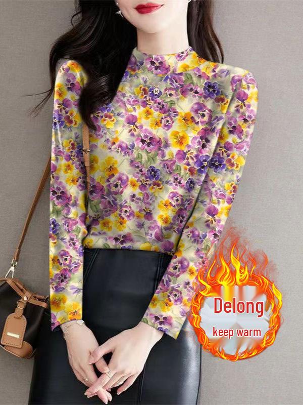 Women's Autumn/Winter Floral Ribbed Fleece Base Layer Top, Semi-High Neck, Slimming Long Sleeve