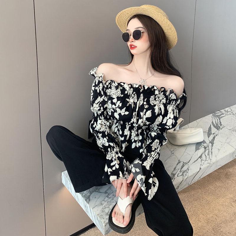 Květinová šifonová košile Dámská halenka S odhalenými rameny Volány Dlouhý rukáv Top Sladká Sexy Elastický pas Zvonový rukáv Jednoduchá Ležérní Letní