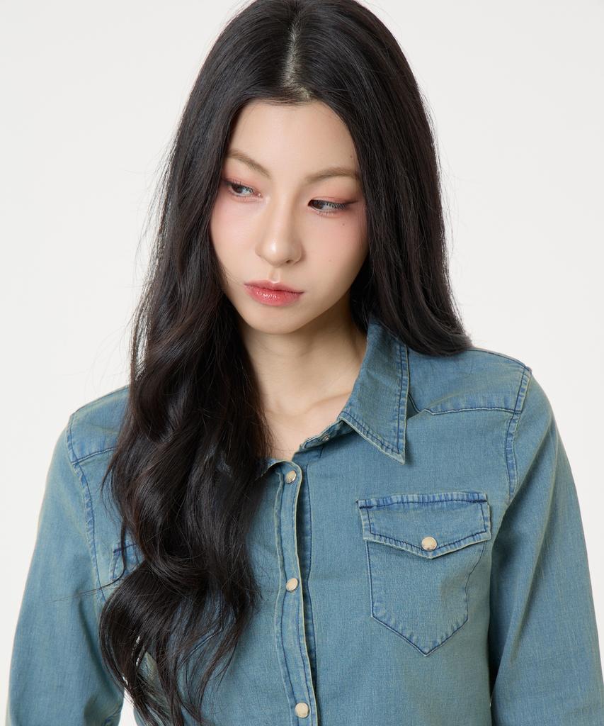 UNKNOWN PLANET Ring Snap Slim Fit Denim Shirt Sand Blue