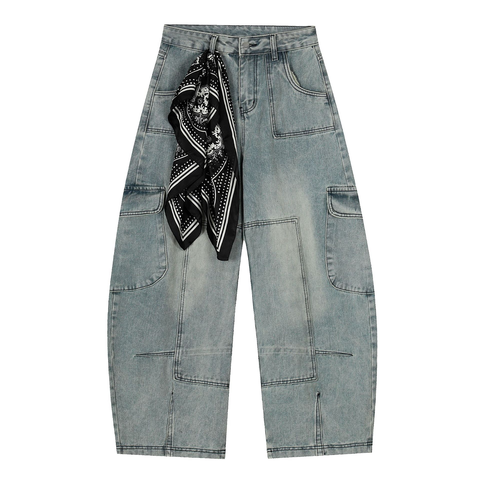 Men s autumn American retro washed jeans men s vibe scimitar wide-leg trousers S
