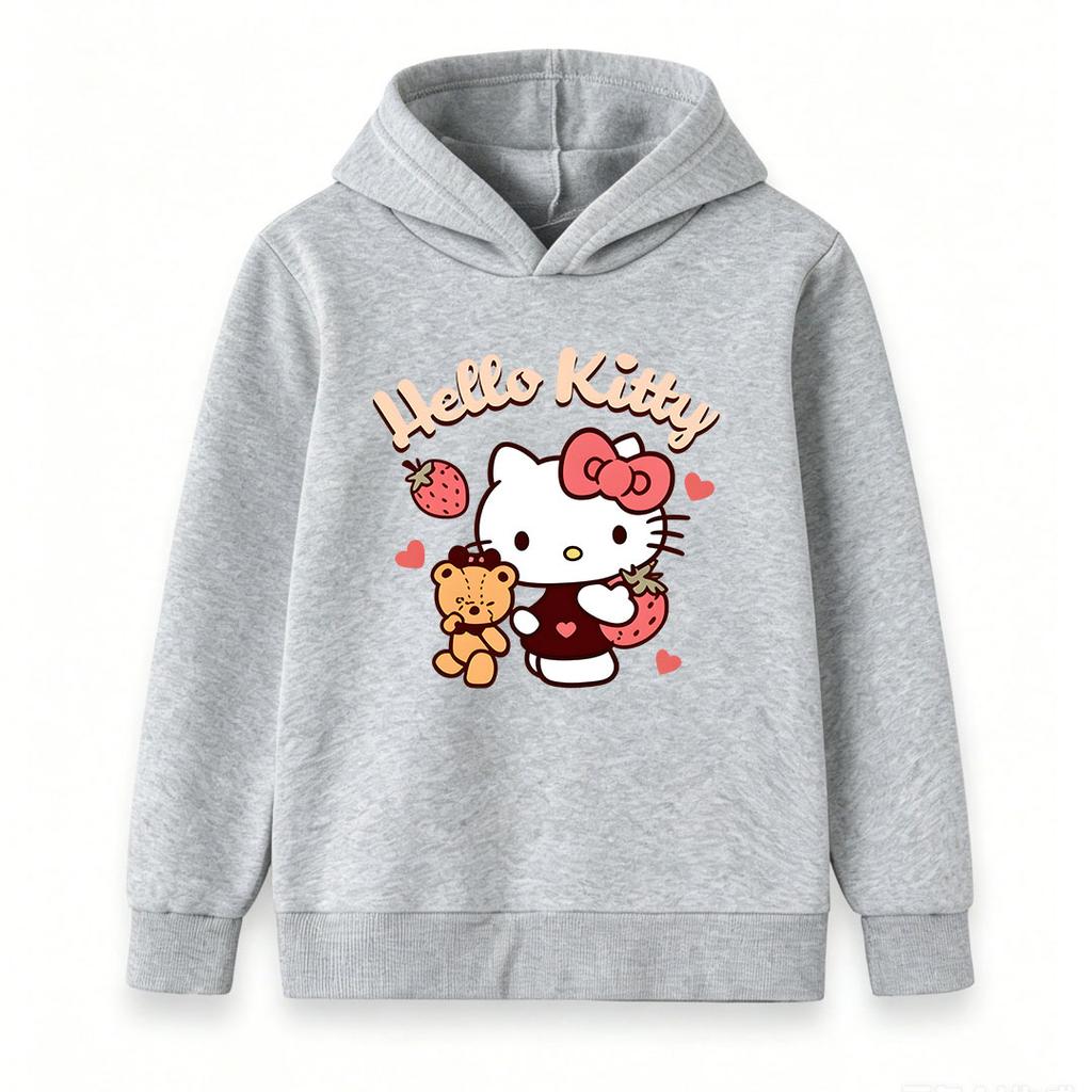 Cute Cartoon Strawberry Bear Print Kids Hoodie, Soft Casual Long Sleeve Pullover Sweatshirt for Boys Girls, Lovely Heart Pattern Daily Wear Tops for C