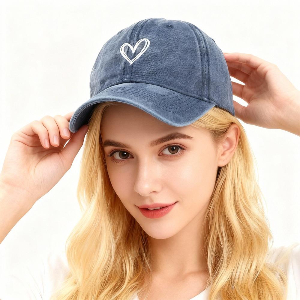 Heart Embroidered Washed and Distressed Baseball Cap Couple's All-season Soft-top Peaked Cap Hats for MenOutdoor Sun Hats