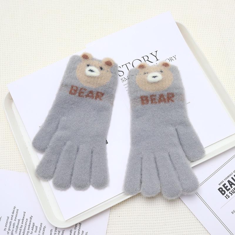 

Children s Winter Warm Cartoon Gloves - Thickened, Five-Finger, Cute Rabbit & Little Bear Design, Cold-Proof for Boys & Girls One Size серый