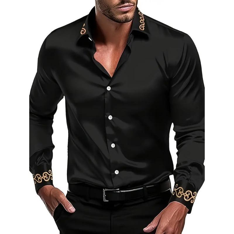 Spring Men's Silk Like Dress Shirt with Gold Baroque Trim Long Sleeve Formal Top