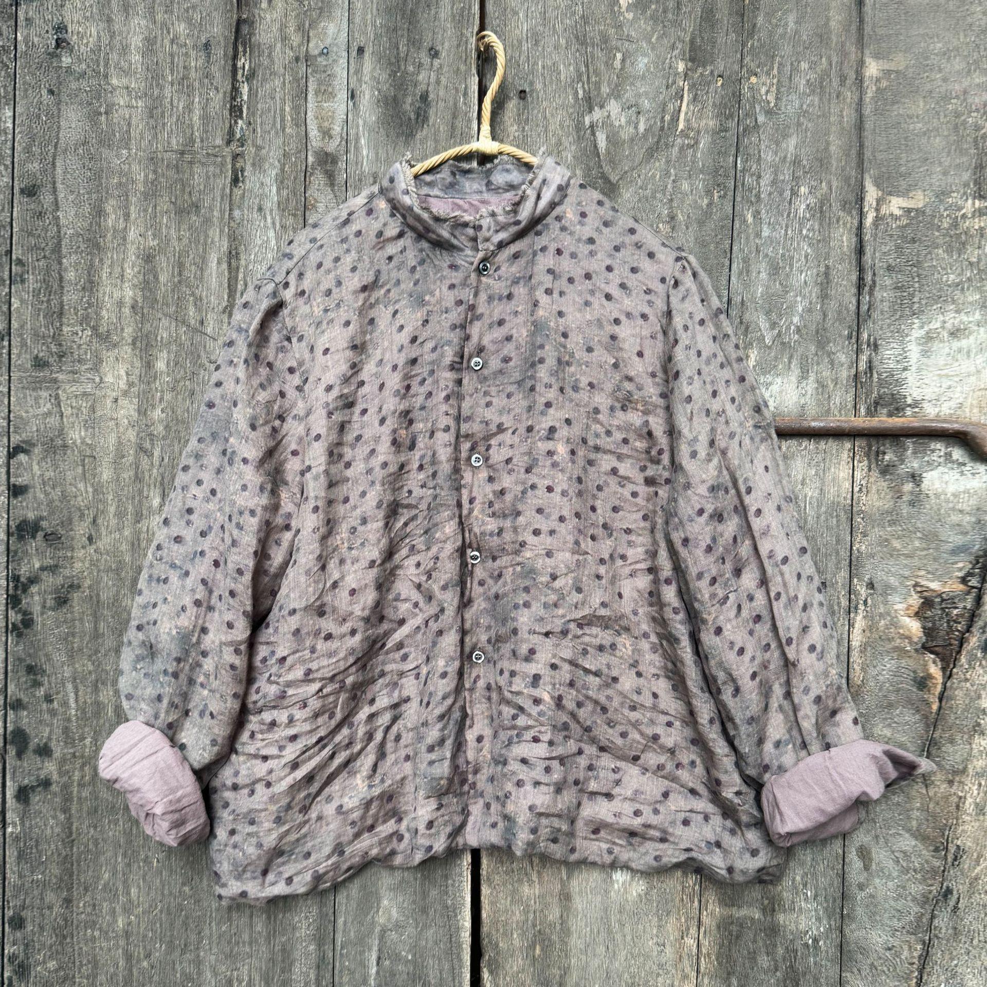 

Johnature Женские винтажные рубашки-стойки в горошек на пуговицах, осенние блузки с длинным рукавом свободного кроя в китайском стиле One Size фиолетовый