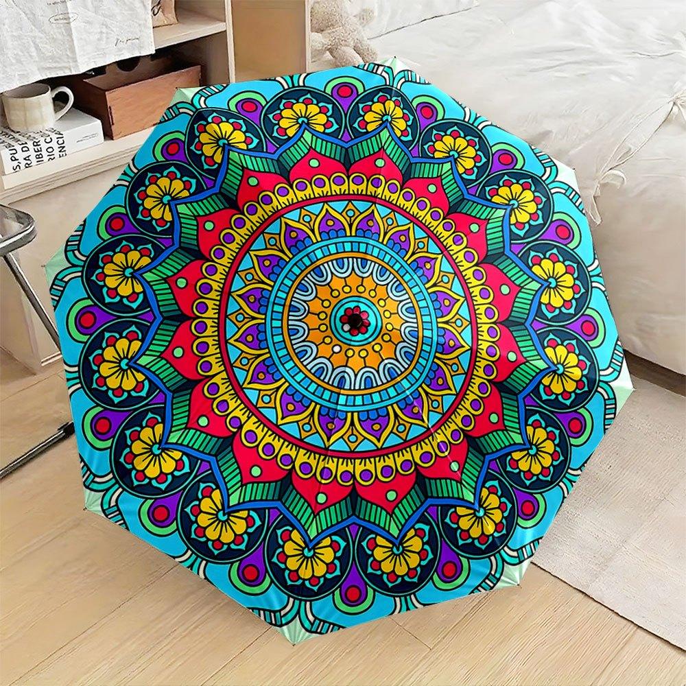 

This Automatic Folding Umbrella Showcases a Colorful Mandala Pattern. It Has a Compact, Collapsible Design, Making It a Great (as the picture,Iron&8K)