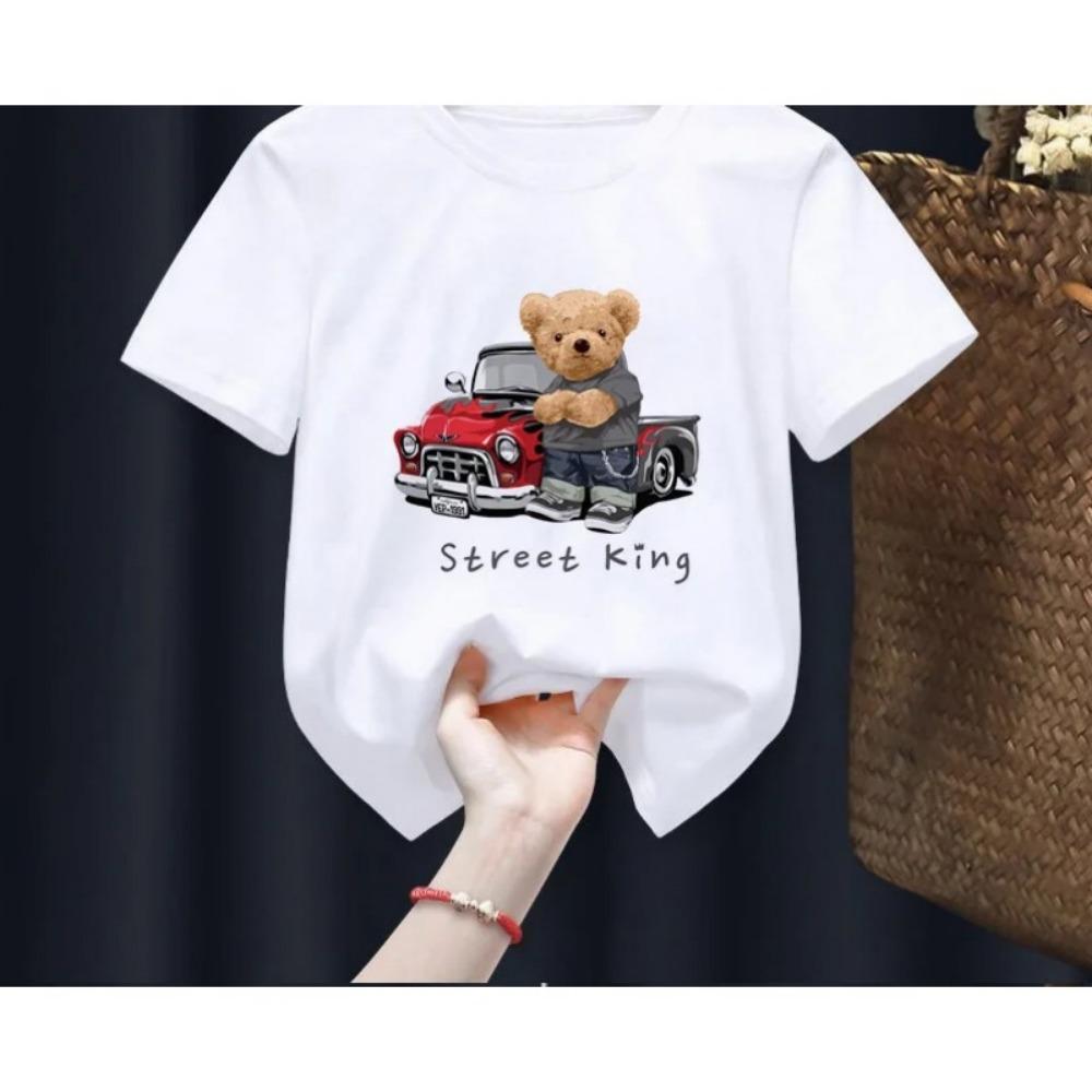 Children's Funny Bear Print T-shirt Summer Short Sleeve Cartoon Harajuku Style Girl Boy Teddy Bear T-Shirt Tops for Kids
