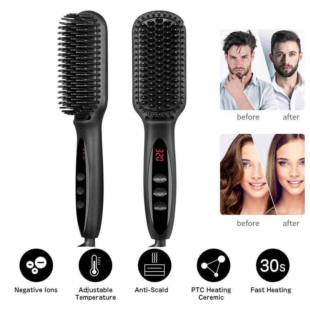 Žehlička na vlasy Hot Comb 230℃ Kartáč na vlasy proti opaření Keramický vyhřívací LCD displej Tichá žehlička na vousy s dvojím napětím