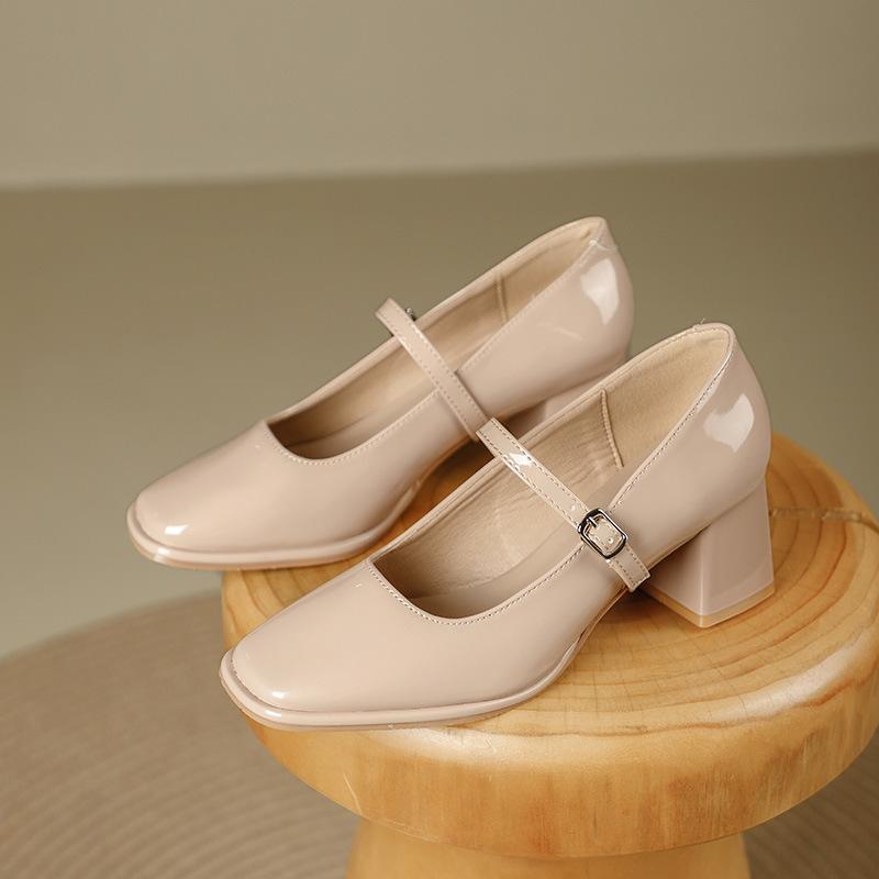 Patent Leather Thick High-heeled, New Women's Hundred with A Word with High-heeled Women's Single Shoes, Women's High-heeled Shoes, Elegant