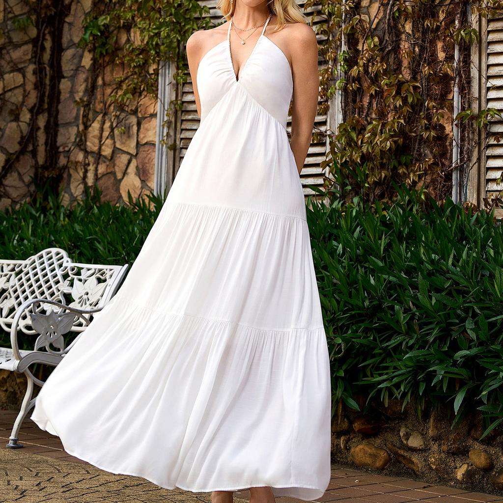 New Four-sided Elastic Deep V Neck Strap Dress, European and American Sexy Backless Seaside Vacation Elegant Long Dress