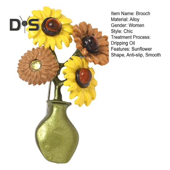 Women Brooch Sunflower Vase Shape Retro Enamel Anti-slip Polished Coat Collar Bag Scarf Hat Decoration Clothes Pin Party Banquet Clothing Jewelrys