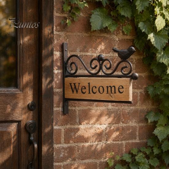 Reinforced Mounting Welcome Sign Mini Bird Sign, Retro Carved Wooden Panel with Iron Frame Wall Shaped Door for Outdoor Porch Courtyard Gates Fences,