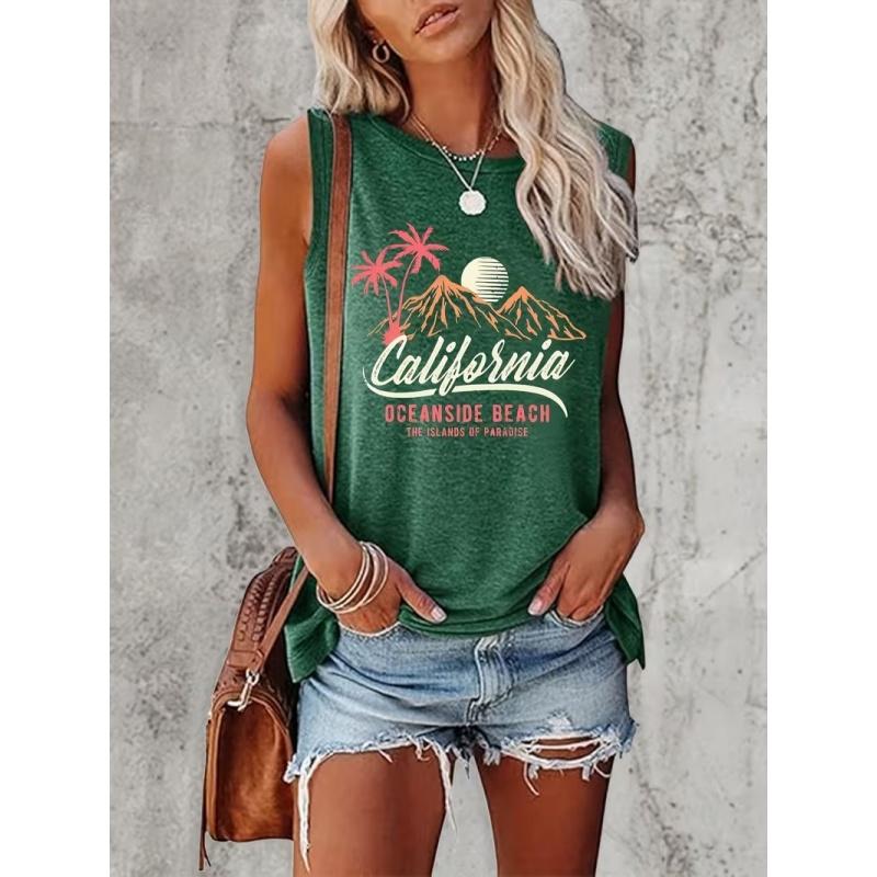 Women's Printed Tank Top T-shirt with Patterned Short Sleeves, Women's Sleeveless Round-neck T-shirt