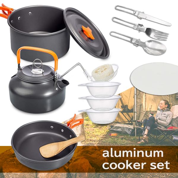 Outdoor Cookware Set: Lightweight and Compact Aluminum Cookware Set Including Frying Pan, Pot, Kettle, Ladle, Rice Paddle, Cutlery, and Simple Cutting